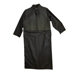 Kamani Mens or Youth Black Islamic Thobe Robe White Thread Embellishment Size 48